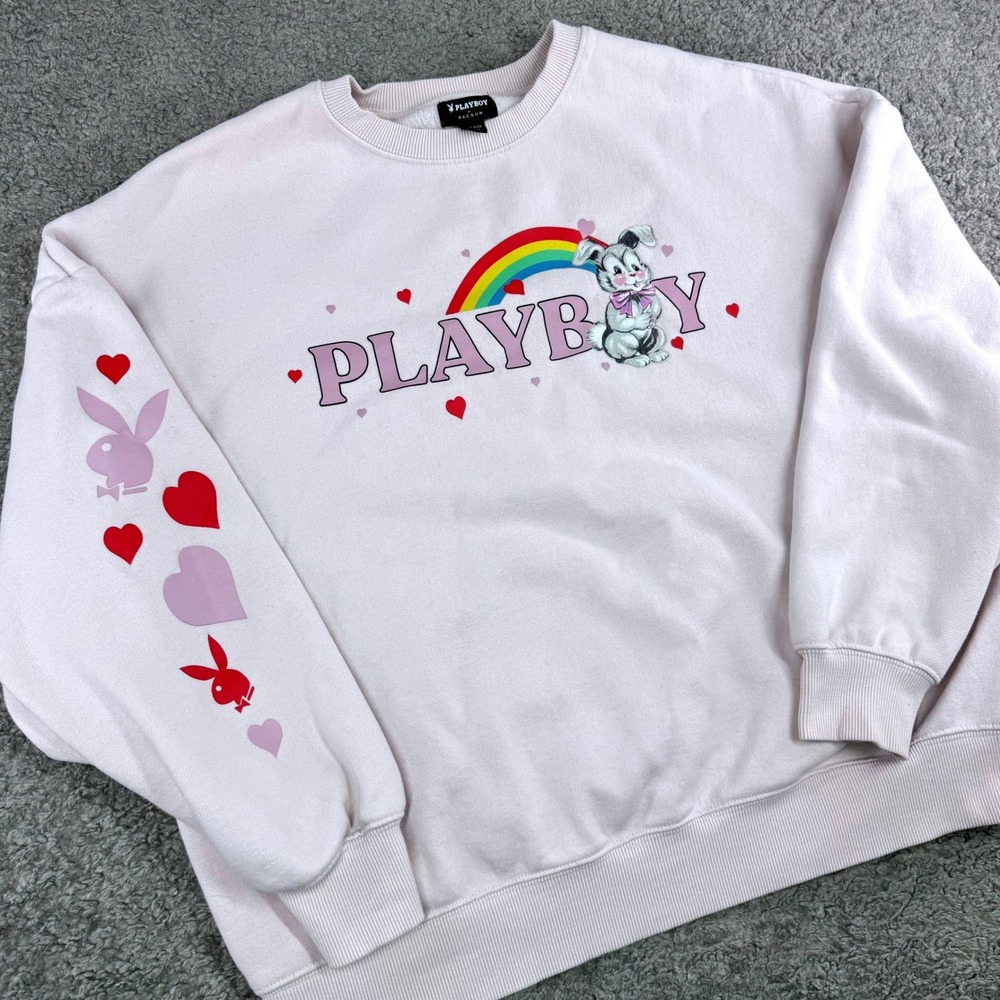 Playboy by PacSun Pink Rainbow Bunny Graphic Oversized Sweatshirt One Size